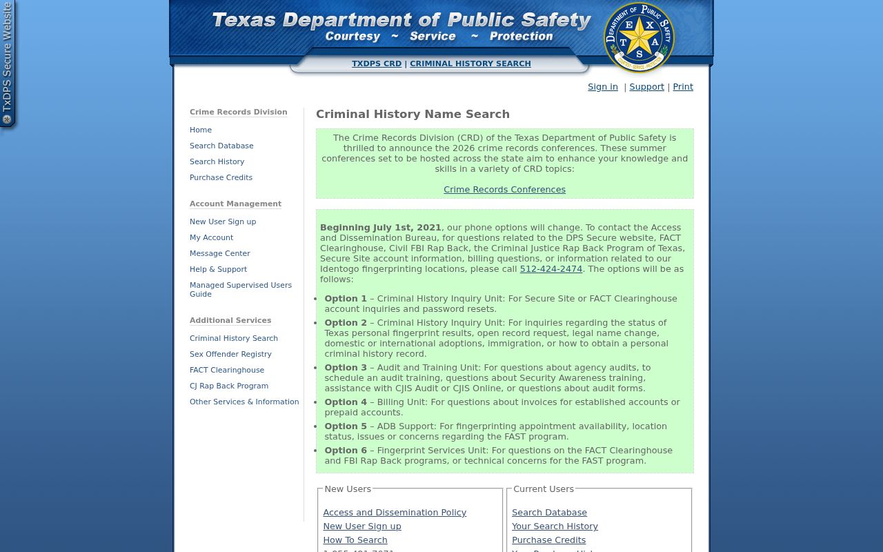Point Comfort criminal records search through the official Texas DPS conviction interface