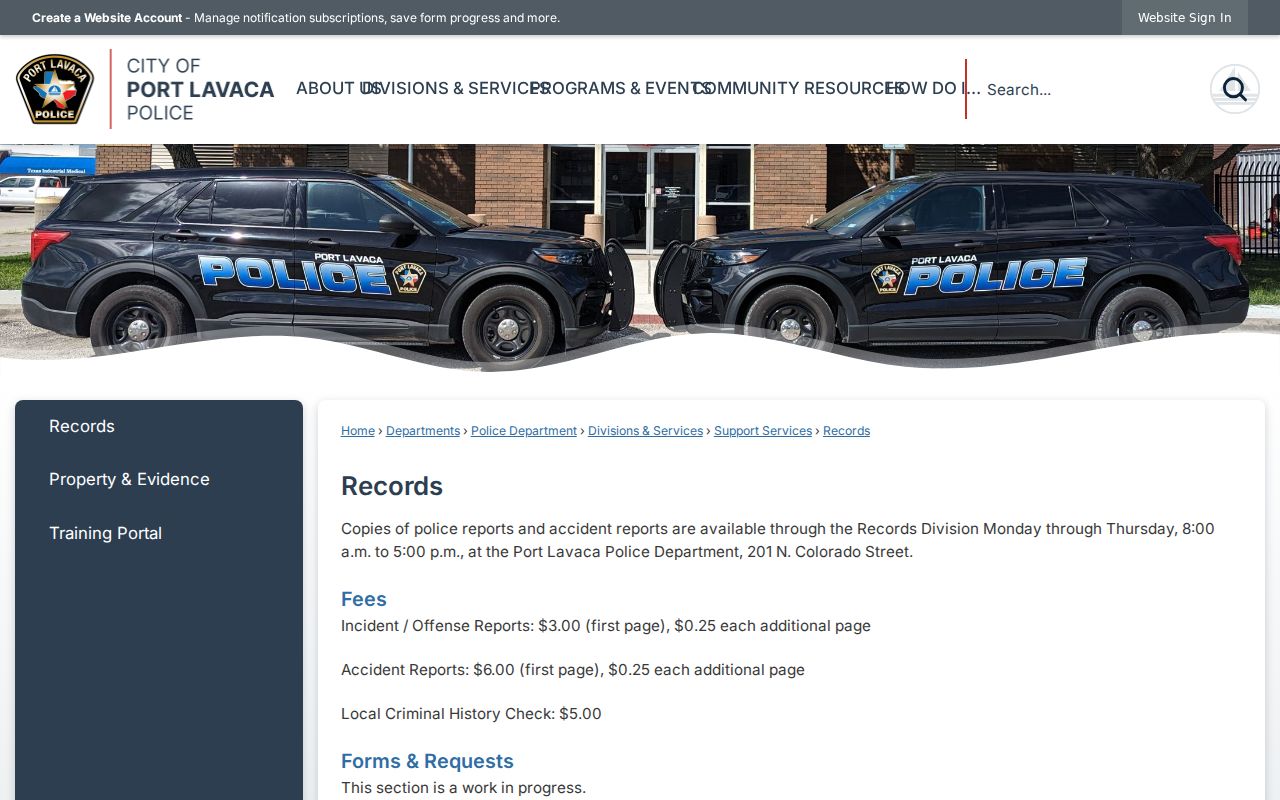 Port Lavaca criminal records information from the police Records Division