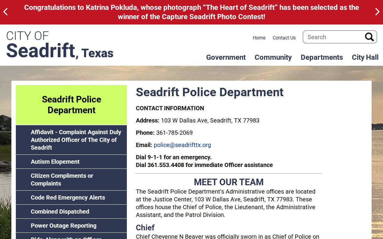 Seadrift criminal records information on the official Justice Center and Police page