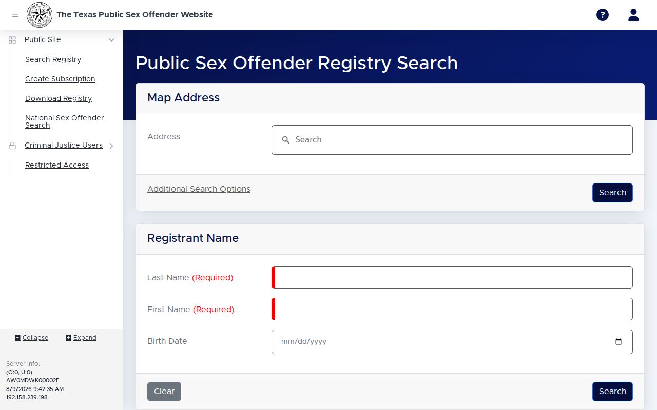 Calhoun County sex offender search fields in the Texas DPS registry