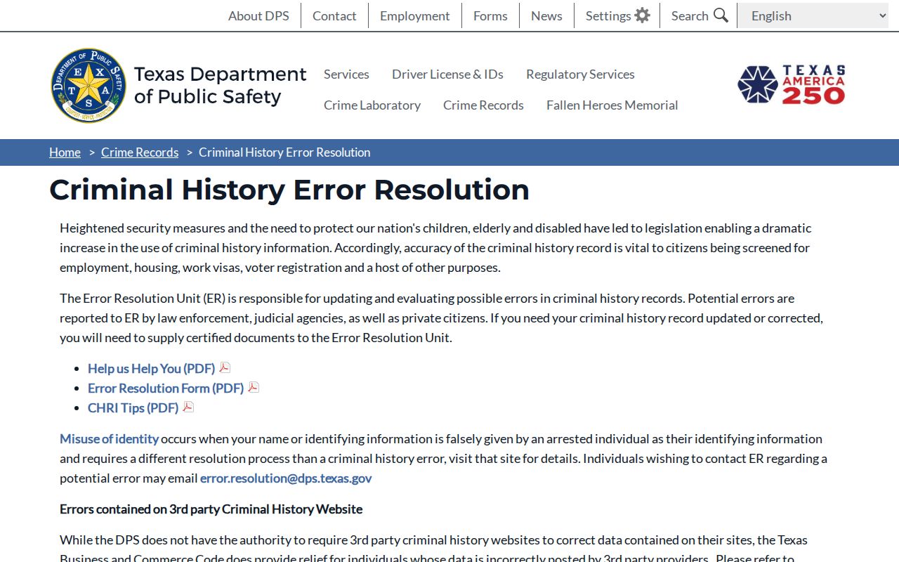 Texas DPS record correction information for Calhoun County records