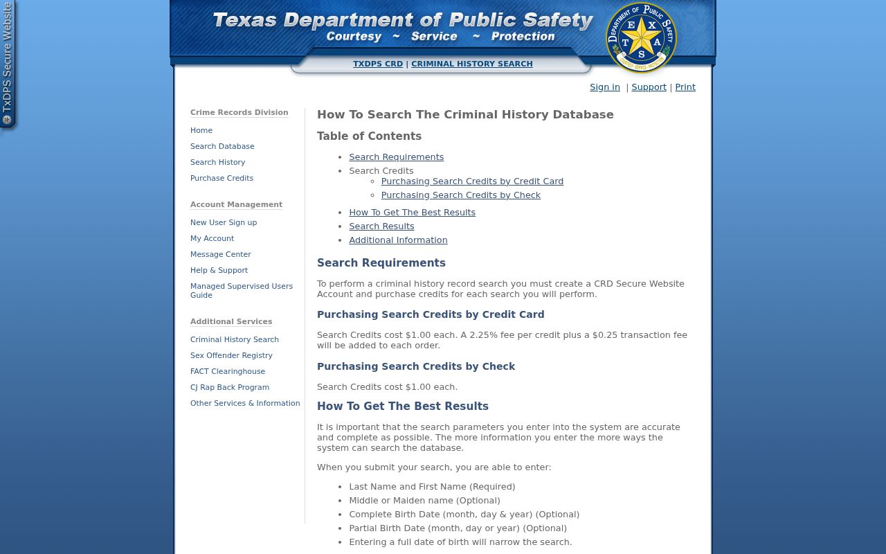 Calhoun County criminal history DPS search credit guidance
